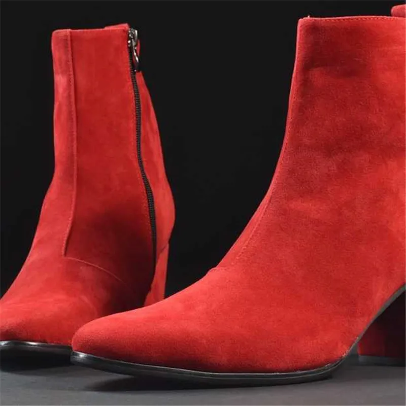 Fashion Men Ankle Boots Soft Leather Men Pointed Toe High Heels Waterproof Zipper Shoes Suede Comfortable Chelsea Boots