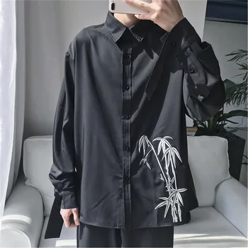 

Men's shirt 2019 summer new slim retro embroidery print long-sleeve shirt loose casual lapel personality young men's wear