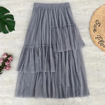 

Women's Skirt Fashion Autumn Tutu Tulle Skirts Womens Long Maxi Skirt High Waist Elastic Irregular Mesh Jupe Femme