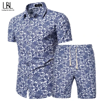 

Floral Tracksuit Men Summer 2020 Print Shirts +Shorts 2 Piece Set Man Quick Drying Short Sleeve Casual Mens Clothing Plus Size