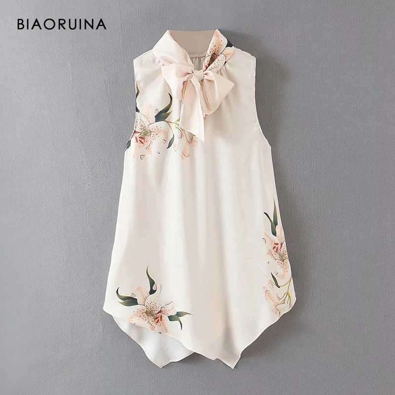 

BIAORUINA Women's Sleeveless Floral Print Asymmetric Shirt Bow Collar Female Satin Summer Retro Blouse Tops