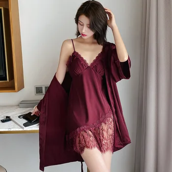 

Summer Sexy Lace with Chest Pad Sling Backless Nightdress + Nightgown Morning Robe Two-piece Underwear Womens Clothing Sleep Set