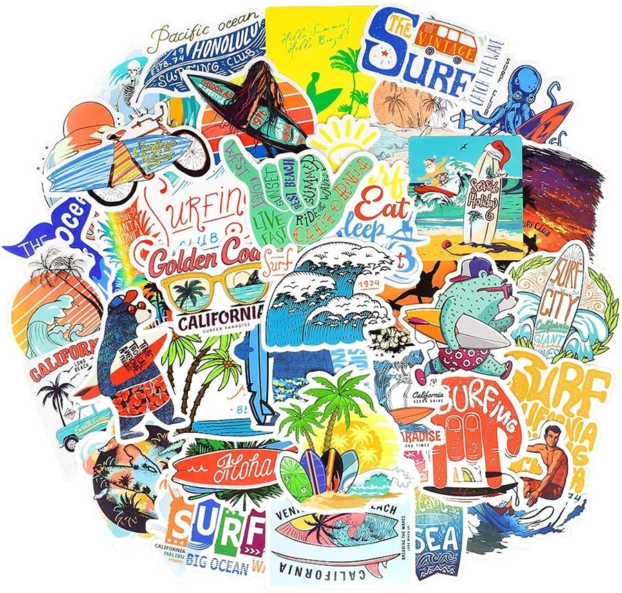 

50 PCS Outdoor Surfing Stickers Summer Sports Tropical Beach Surfing Waterproof Stickers for Suitcase Laptop Skateboard Decals