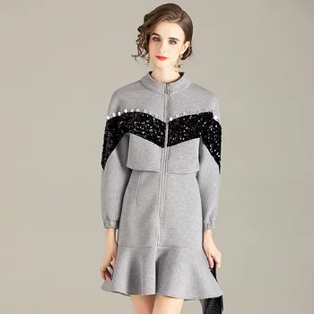 

Women Dress Autumn Winter 2020 New Fashion Sequins Zipper Ladies Slim Mermaid Dress Black Gray Above The Knees S-XL