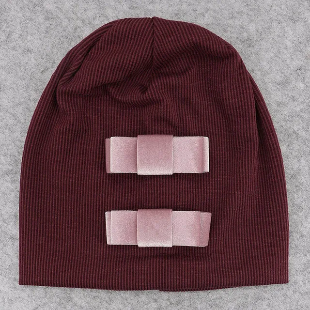 winered 3 Зимние женские хлопковые шапочки в рубчик для осени и весны, женские бархатные шапочки с бантом, шапки больших размеров, шапки Gorros Mujer Inviern - Цвет: winered 3