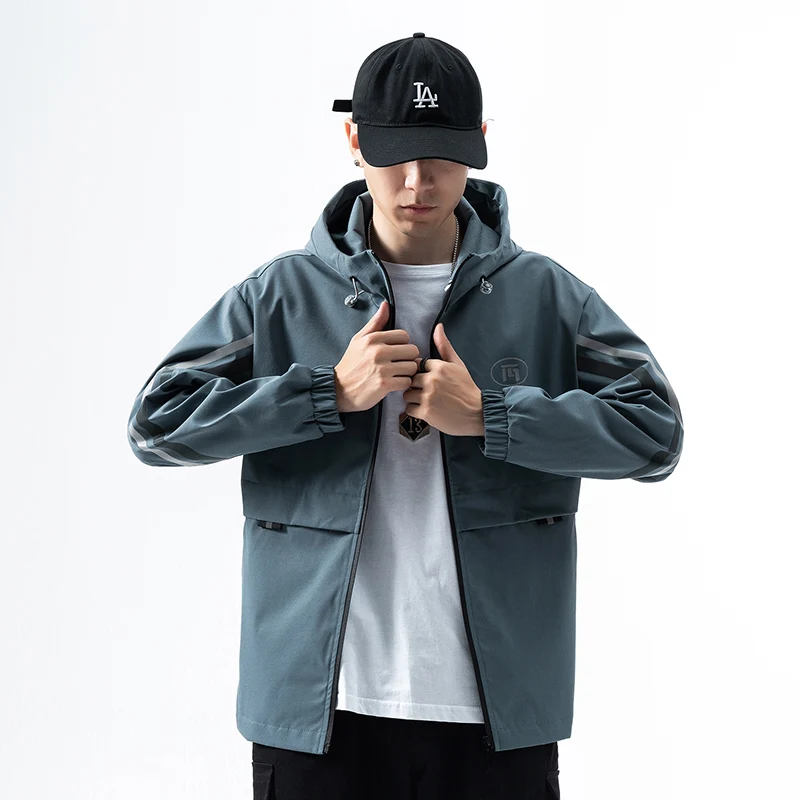 New Autumn Double Reflective Strip Print Stylish Casual Men's Hooded Jacket Fashion Up-Zipper Front Windbreaker Coats Windproof