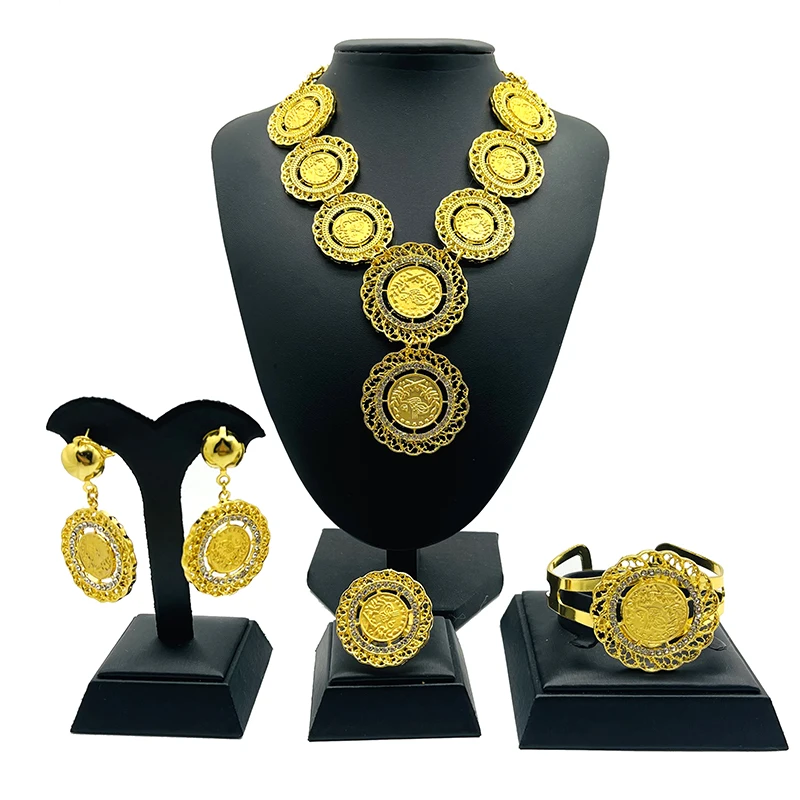 

Dubai Coin Necklace Earrings Ring Bangle Big Coin Jewelry sets Gold Color Turkey Coins Arab Gifts Turks Africa Party