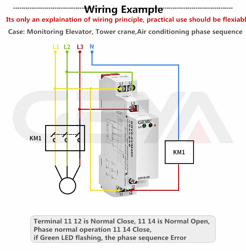 GEYA GRV8-03 Phase Sequence Relay Phase Failure Relay Din Rail Type 45Hz-65Hz True RMS Measurement Control