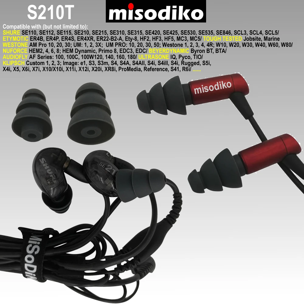Misodiko S210T силиконовые наконечники для наушников, ушные Типсы для Shure SE215 SE315 SE535 SE425 SE846/Etymotic ER4 HF5/Klipsch R6i R6m S4i X6i