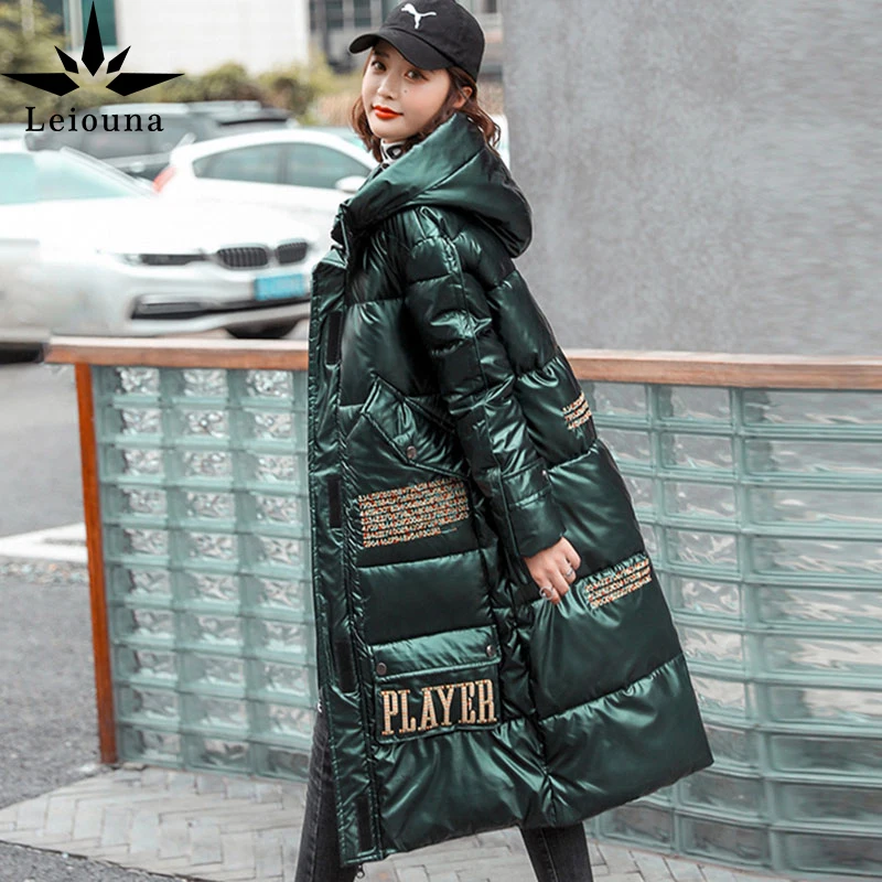 

Leiouna Glossy Loose Thicken Down Cotton Women With Hooded Winter Korean Embroidery Female Outerwear Mid-length Parka Coat