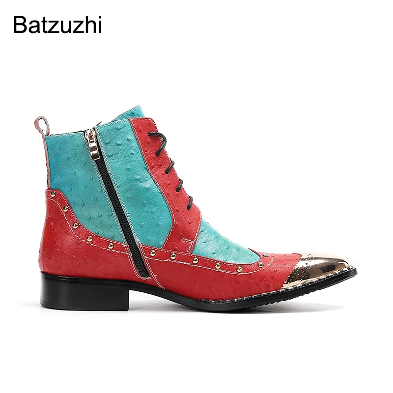 Batzuzhi New Personality Men Ankle Boots Pointed Metal Head Genuine Leather Ankle Boots Men Color Lace-up Party/Wedding Botas