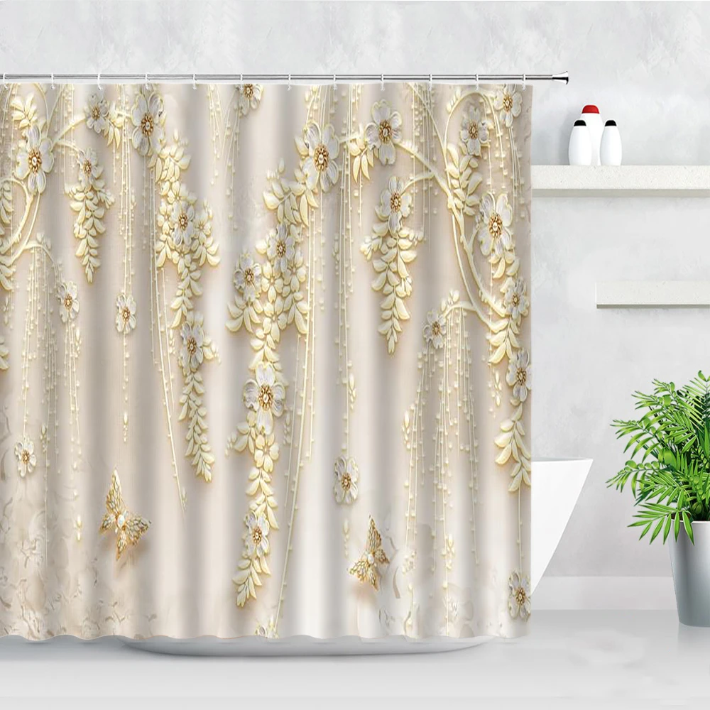 European Style Relief Painting Shower Curtains Flower Butterfly Pattern Modern Fashion Decor Bathtub Screen Bathroom Curtain Set