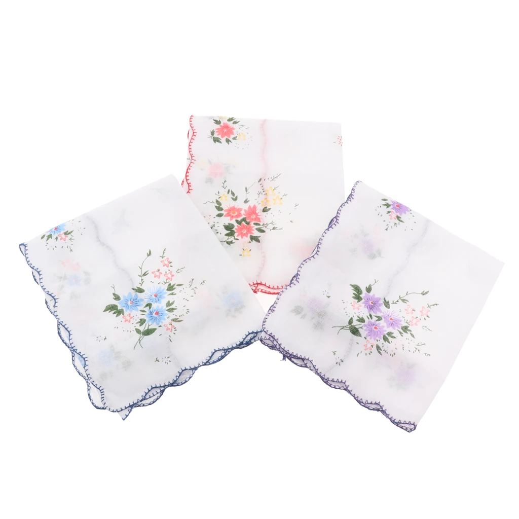 3 Pack Flower Embroidered Handkerchief Women 100% Cotton Square Pocket Hanky Girls Cute Wavy Edge Kerchiefs Hankie