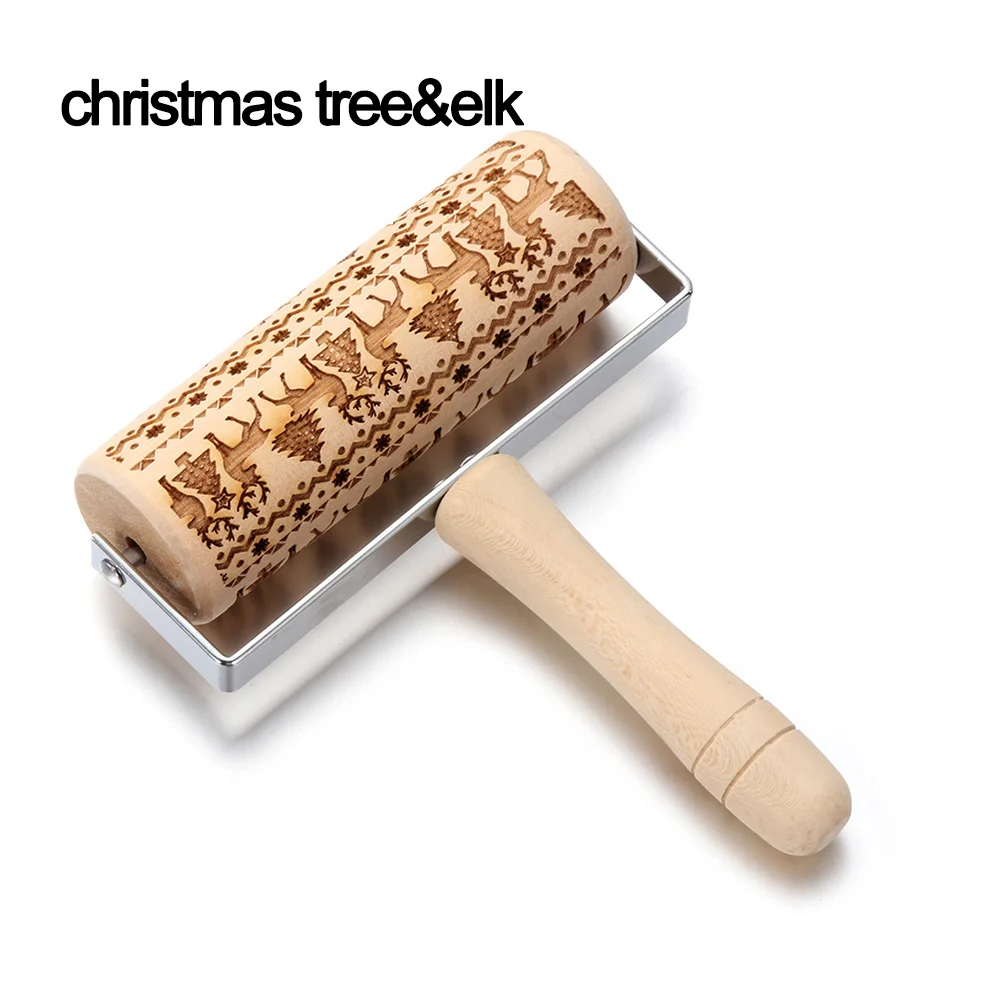 Xmas tree-elk 1 шт. Деревянная Рождественская тисненая Скалка Выгравированная тестораскатка помадка форма для выпечки печенья нож для бисквита торта Декор кондитерский инструмент - Цвет: Xmas tree-elk