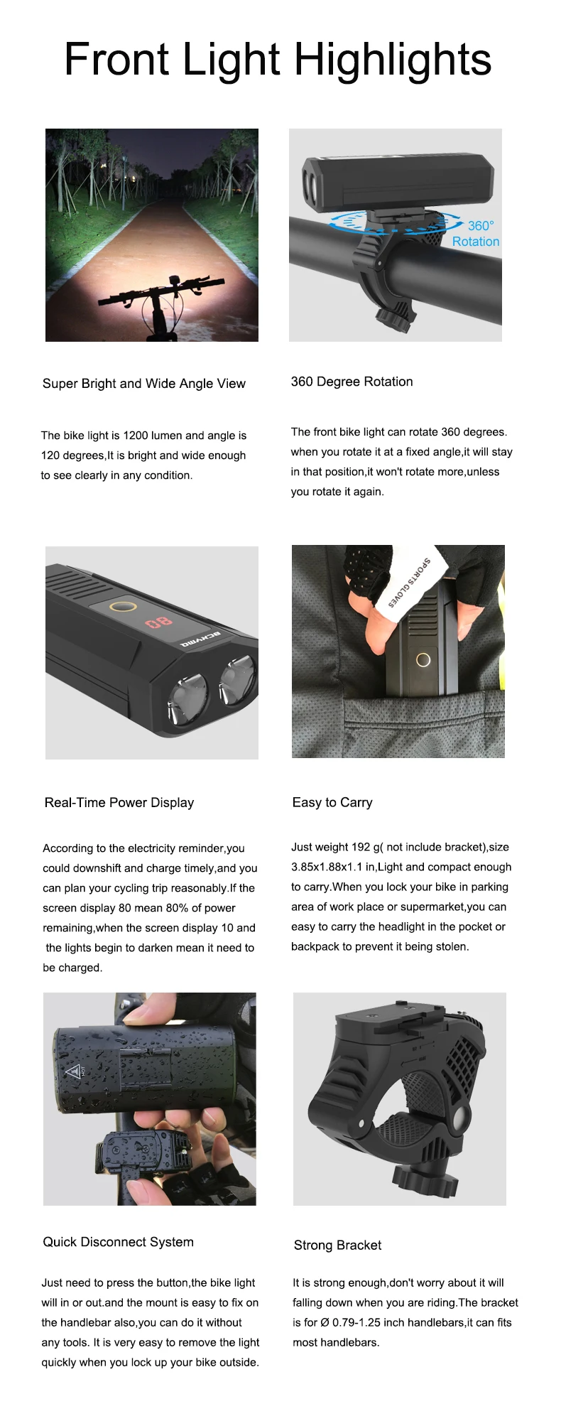 Cheap 2019 new bike light USB Rechargeable bicycle lights front rear 1200 Lumen Wide Angle View headlight 18650 LED light set 1