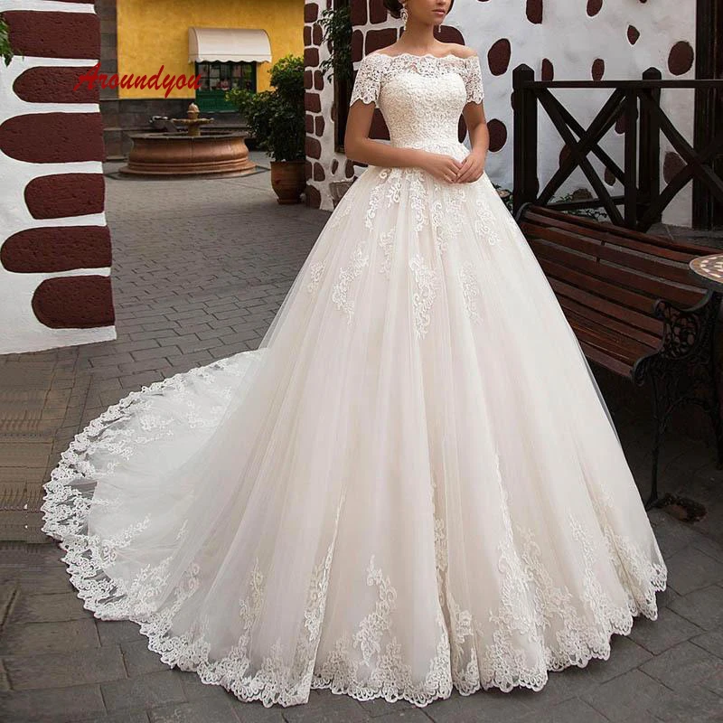 ^Cheap Elegante Kant Baljurk Trouwjurken Plus Size Prinses Wit Ivoor Turkije Vrouwen Bridal Bruid Jurken Jurken