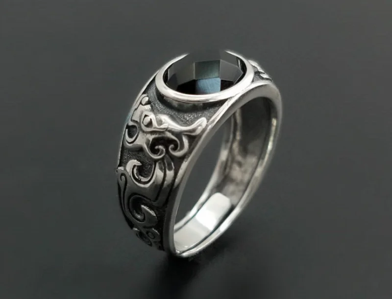 Настоящее серебро 925, Черный гранат, S925 кольцо для мужчин и женщин, выгравированное модное кольцо с открытым размером, ювелирные изделия из стерлингового серебра