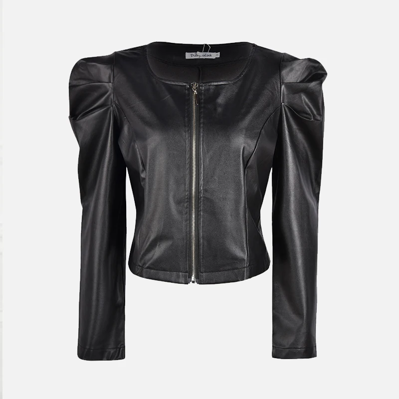 Черная Женская короткая куртка из искусственной кожи с круглым вырезом и пышными