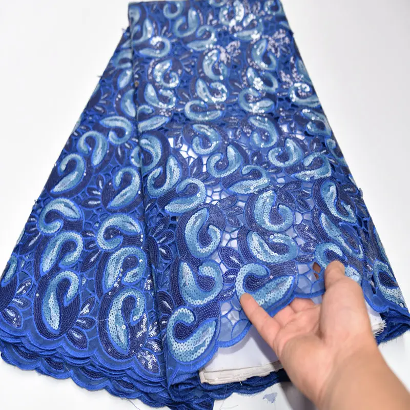 Эксклюзивная темно-синяя африканская кружевная ткань ручной работы из органзы, швейцарская вуаль, кружево со сплошными блестками, высокое качество для вечернего платья IG901