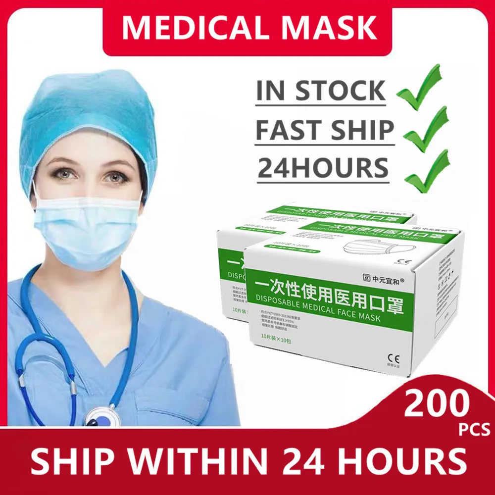 

100/200Pcs Medical Face Mask Fast ship Bacteria Proof Non-woven 3-Layer Disposable Protective Safety Face Masks Dust-Proof