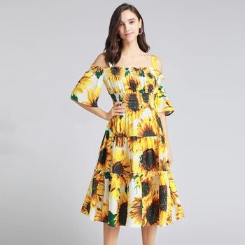 

VERDEJULIAY Runway Sweety Dress 2020 Summer Spring High Quality New Sunflower Print Ruffles Off The Shoulder Knee-Length Dress