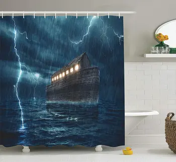 

Lake House Decor Old Nostalgic Wooden Boat Ship During A Rain and Lightning Storm Scary Dramatic Scene Shower Curtain Waterproof
