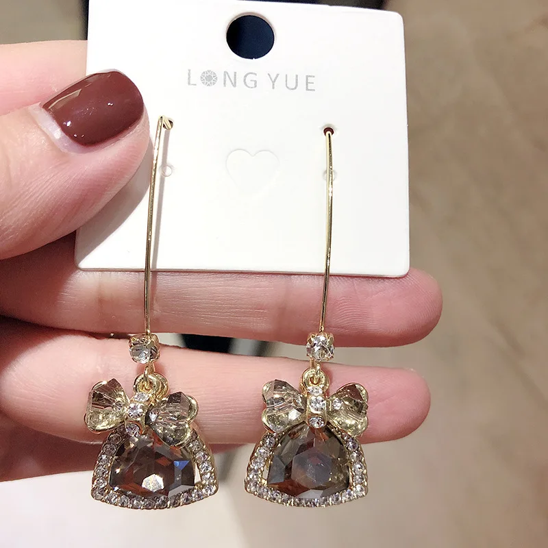 

East Gate Manual Senior Triangle Crystal Bow Semi-circle Metal Ring Pendeloque Cut Earrings Ear Nail