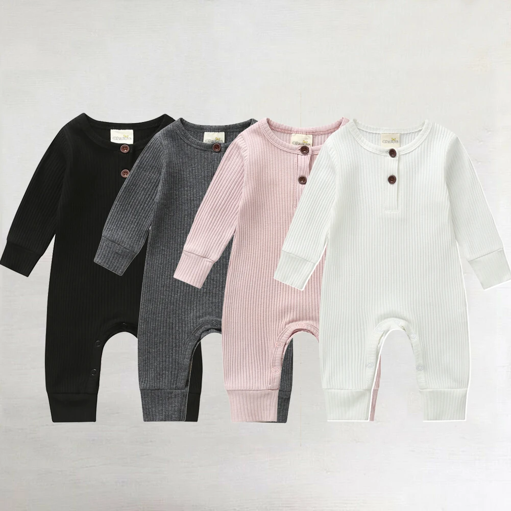 Вязаные Комбинезоны для маленьких мальчиков и девочек, осенне-зимняя теплая одежда для новорожденных, комбинезон с круглым вырезом и длинными рукавами, одноцветные детские комбинезоны на возраст от 0 до 18 месяцев