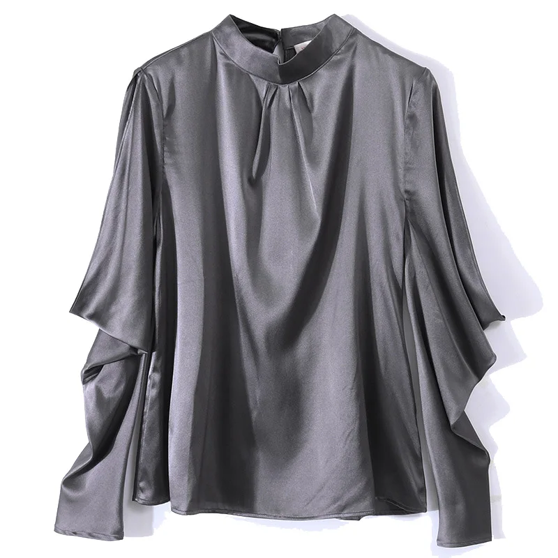SuyaDream Spring Women Silk Blouses 16mm Silk Satin Long Sleeves Stand Collar Blouse Shirt - Цвет: Ash