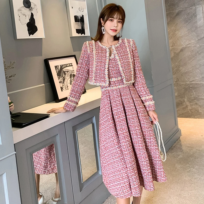 

Autumn Dress Suit Fashion Women's Tweed Short Jacket Coat + Dress Two Piece Set Female Winter Women's Sets 2 Piece Set Women