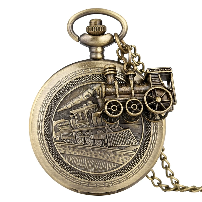 Vintage Bronze Quartz Pocket Watch Train Locomotive Engine Necklace Pendant Chain Best Gifts for Men Women with Train Accessory