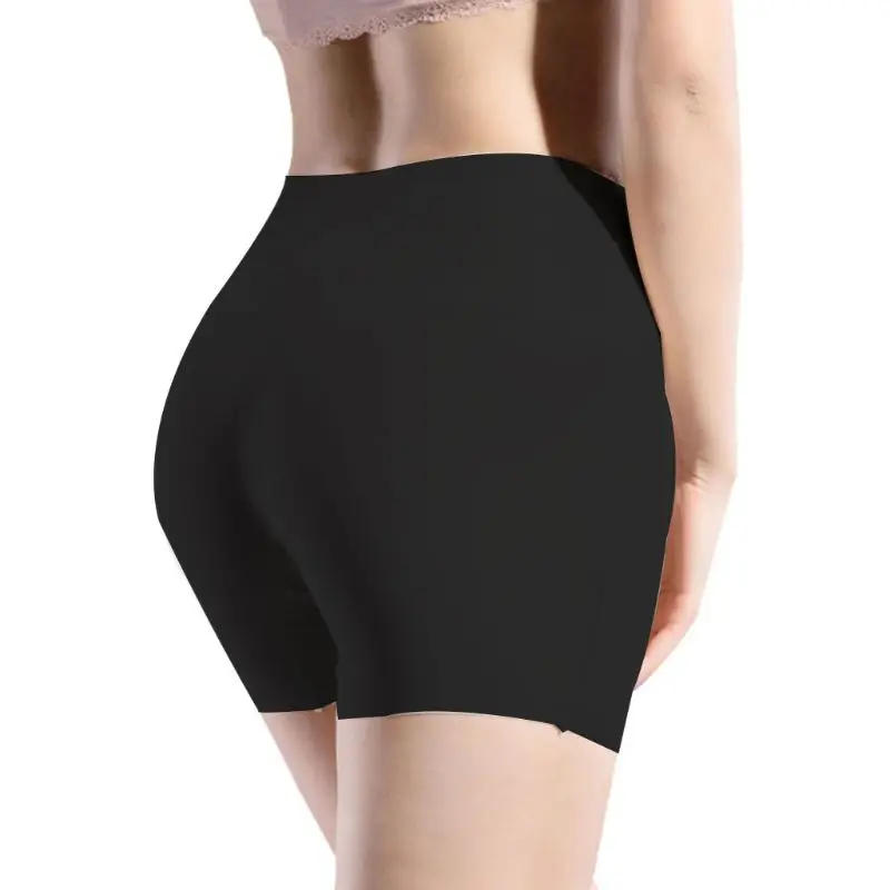 

Women High Waist Ice Silk Safety Invisible Seamless Cotton Crotch Lip Boxer Brief Underwear Solid Color Stretchy Boyshort