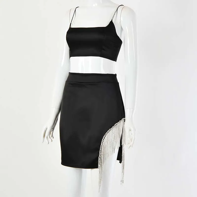 Beyprern элегантный офф-черные стразы бахрома сбоку юбка набор 2 шт Женские Блестящие Блестки пятно спортивный костюм ночная одежда