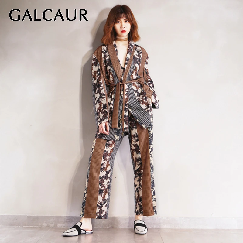 Женский костюм из двух предметов GALCAUR лоскутный с длинным рукавом и поясом