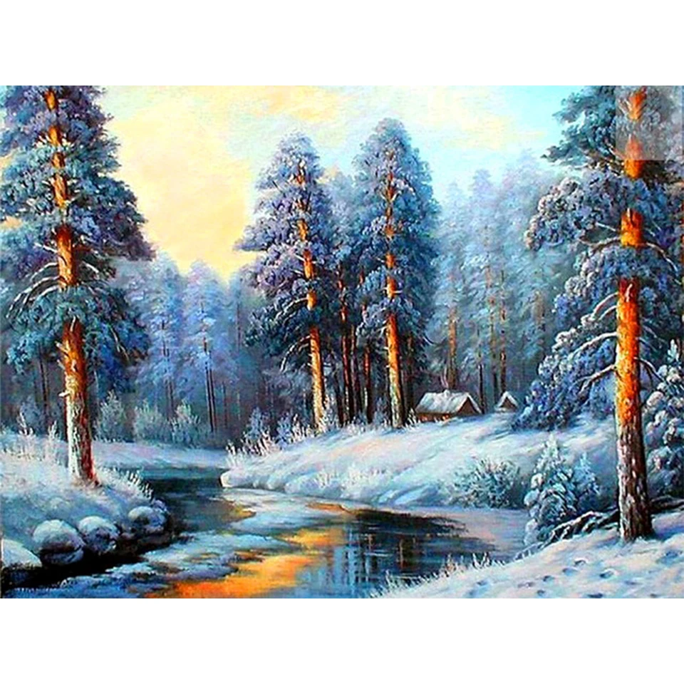 5D DIY Diamond Painting Winter Snow Scenery Rhinestone Picture Square Landscape Diamond Embroidery Mosaic Home Decoration Gifts 