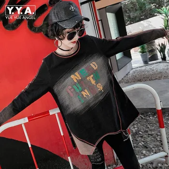 

Punk Womens Knitting Denim Patchwork Panelled Tees Top Long Sleeve O-Neck Letter Printed Asymmetrical Loose Pullover T-Shirts