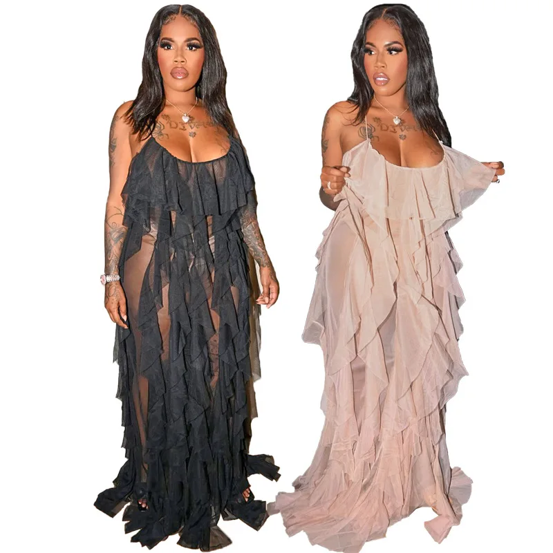 Ropa de verano para mujeres Sexy Condole cinturón en cascada de malla de Patchwork vestido de talla grande Maxi vestidos al por mayor Dropshipping