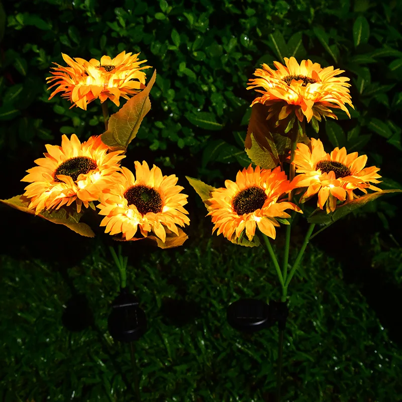 2pcs LED Solar Garden Lights Outdoor 3 Heads Sunflower Street Garland Solar Lamps for Lawn Porch Balcony Fence Light Decor indoor solar lights