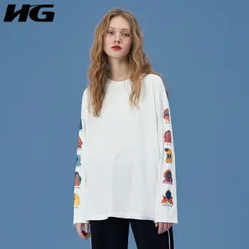 

HG Korean Style Cartoon Print Loose Long Sleeve T Shirt Women White Simple Wild Graphic Tees Women Fashion Women Tops XJ4161