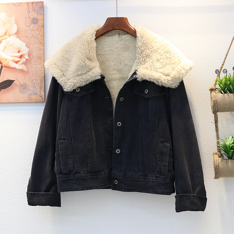 

Korean Fashion Short Denim Jacket Women Black Outerwear Loose Winter Warm Sailor Collar Lamb Fur Liner Jeans Jacket Coat Female