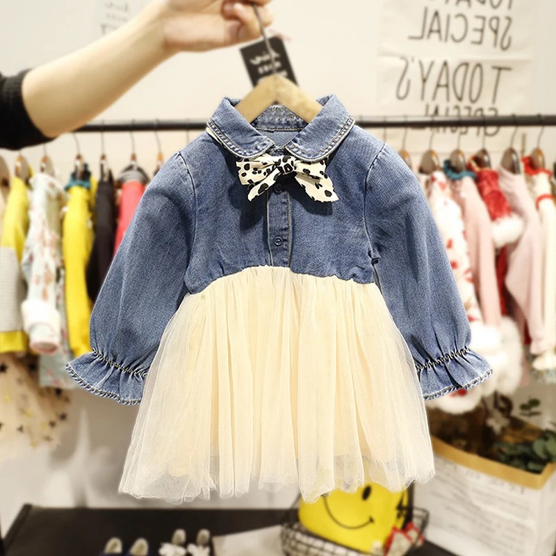

New Cute Sweet Cowboy Bow Flare Sleeve Mesh Gauze Autumn Girl Long Sleeve Dress Princess Lady Dress