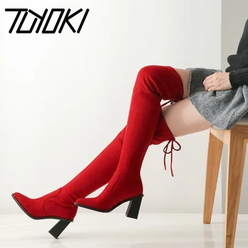 

Tuyoki Over Knee High Boots For Women Elastic Thick Heel Women Shoes Fashion Party Walk Female Shoes Daily Footwear Size 34-43