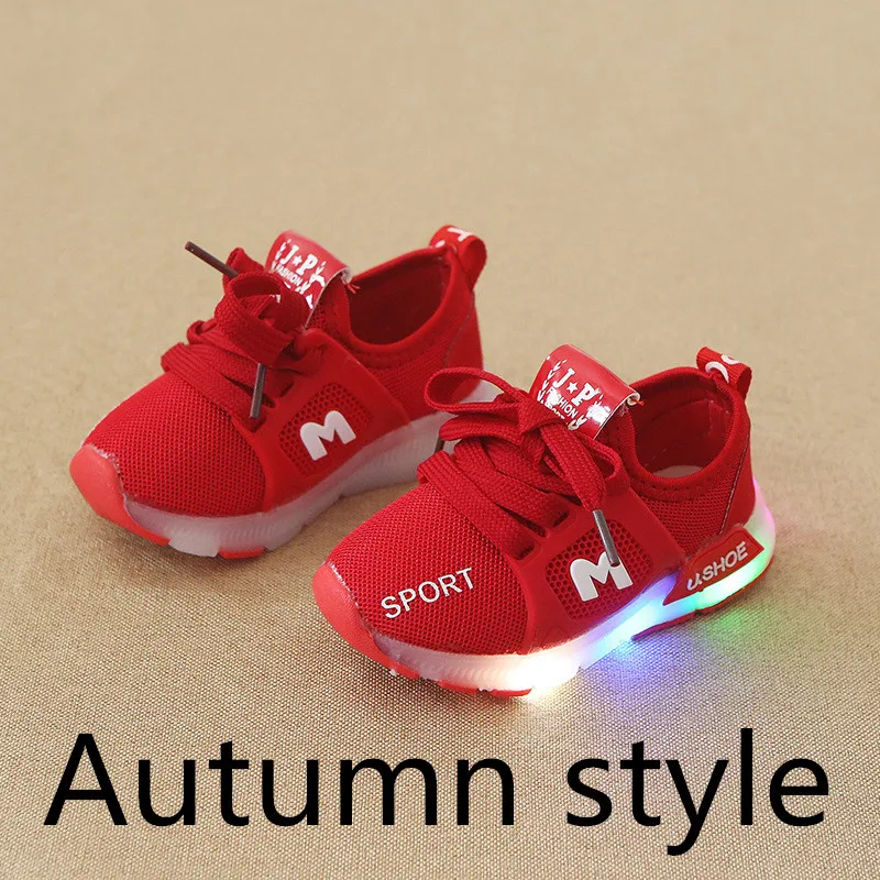 Летняя детская повседневная обувь; Светодиодный свет; дышащие детские кроссовки; светящаяся модная обувь для мальчиков и девочек; нескользящая Мягкая обувь для бега - Цвет: Autumn style