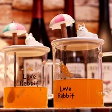 400 мл стеклянные кружки, креативная мультяшная чашка с кроликом, с крышкой, ложкой, термостойкая водостойкая посуда для влюбленных, Детские аксессуары для дома
