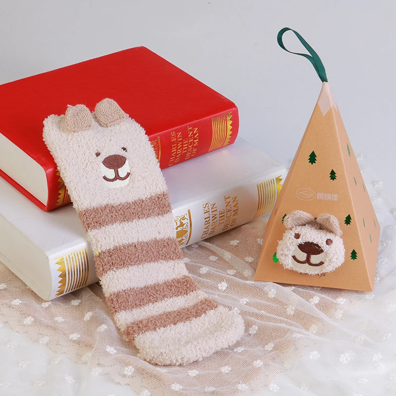 women warm winter soft floor bed socks thick coral velvet embroidery 3D cute animal socks Christmas gift with box self assembly