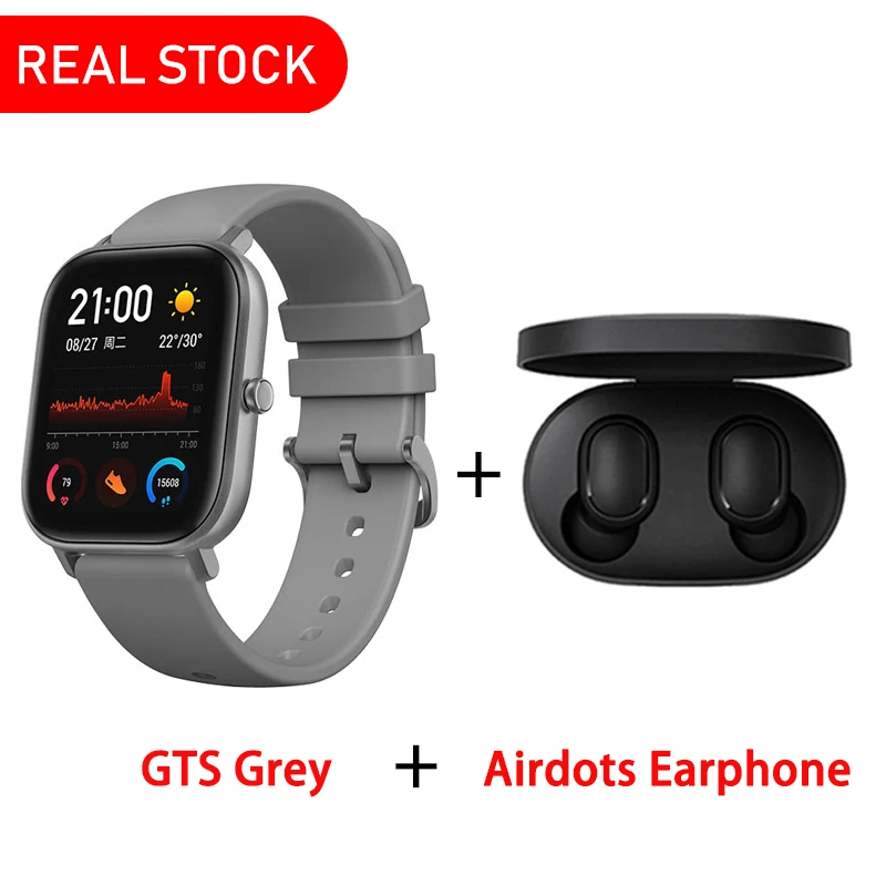 Глобальная версия, Новые смарт-часы Amazfit GTS, 5 АТМ, водонепроницаемые, для плавания, умные часы, 14 дней, батарея, управление музыкой, для телефона Xiaomi IOS - Цвет: Grey add Airdots