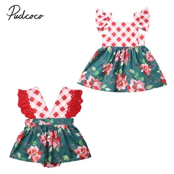 

Infant Baby Girl Clothes Christmas Xmas Flared Party Santa Swing Ruffle Lace Sleeve Floral Romper Tutu Dress Outfit Set