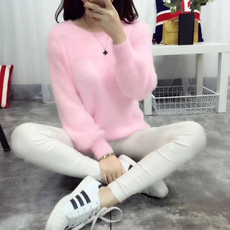 

New mink-like sweater in autumn and winter of 2019 Women's Korean version of round-necked pure-color knitted sweater women