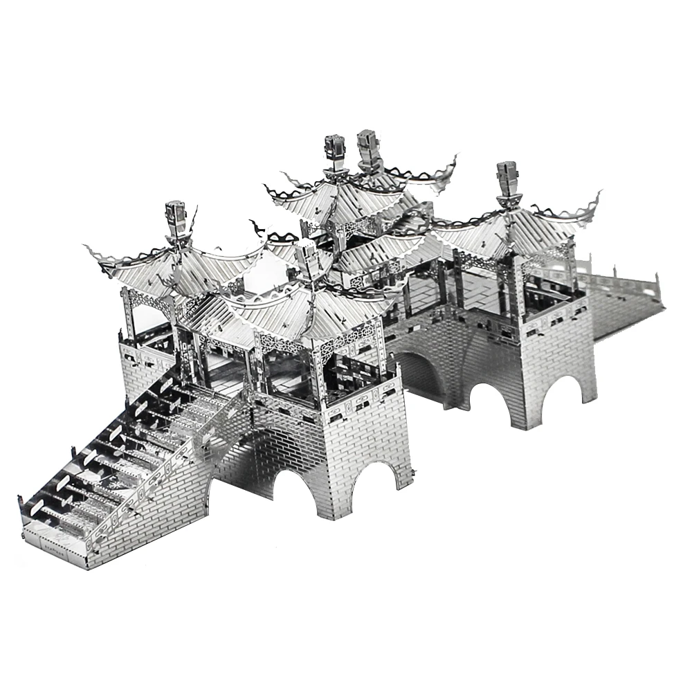 Adult Jigsaw Puzzle Model Assembling Kit 3D Metal Puzzle High Difficult Five Pavilion Bridge Suitable for Collecting Educational - Цвет: Silver
