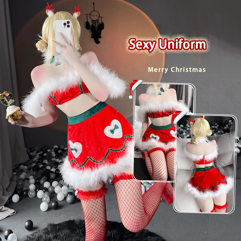 New Christmas Uniform Cosplay Costumes Sexy Red Lingerie Queen Adorable Elk Hot Erotic Girl Fuzzy Bodysuit For Women | Тематическая